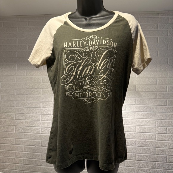 Harley Davidson Olive Green Cream Raglan Graphic T-Shirt Women's - Picture 1 of 3